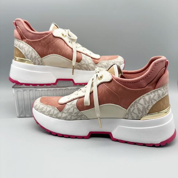 Michael Kors Muse Mixed-Media Trainers Pink Logo Canvas Sneakers Size 9 - Picture 3 of 10